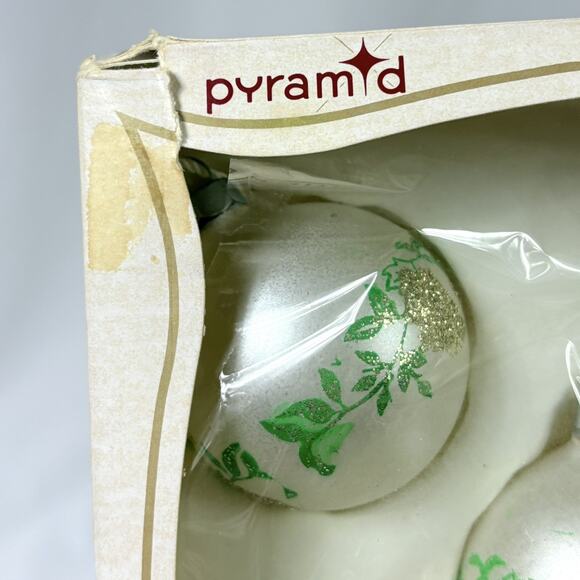 Vintage Pyramid Glass Ball Christmas Ornament Box Set of 5 Stenciled Glitter - Picture 4 of 4